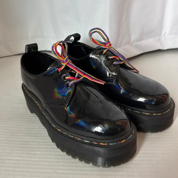 Dr. Martens 1461 Quad Rainbow Patent Platform Shoes black size 7 ladies 6 Men - Picture 13 of 16